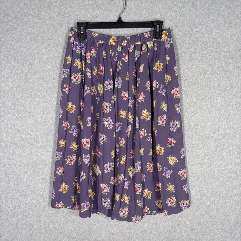 Vintage Pleated Midi Skirt 6P Purple Floral Chiffon Flowy Granny Cottage 90s 80s
